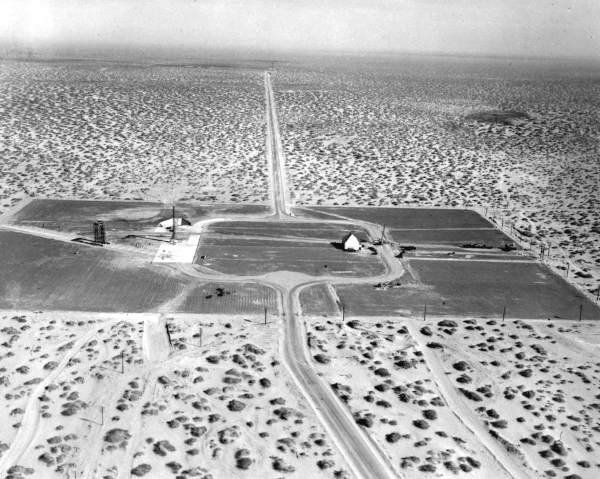 Aerial view of Launch Complex 33 with a view of the blockhouse, WAC Corporal launch tower, and the V-2 Gantry.