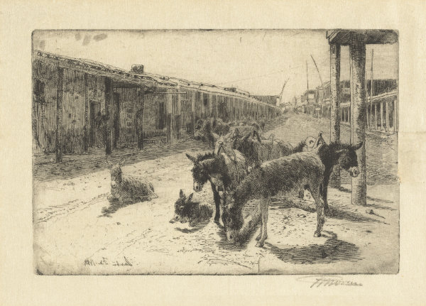 In 1883, Santa Fe resembled “nothing so much as a collection of brick kilns,” according to Susan Elston Wallace, wife of Territorial Governor Lew Wallace. Peter Moran, Santa Fe, 1883. Etching on wove paper. 4 1⁄2 ×  6 7⁄8  in. Reba and Dave Williams Collection, National Gallery of Art, Washington, image no. 2008.115.3585.