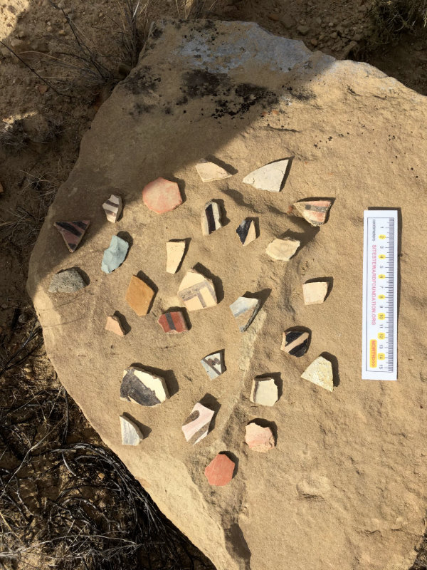 People don’t realize that picking up potsherds to make a trailside display destroys the historical record of the site. Photograph courtesy Jessica Badner.