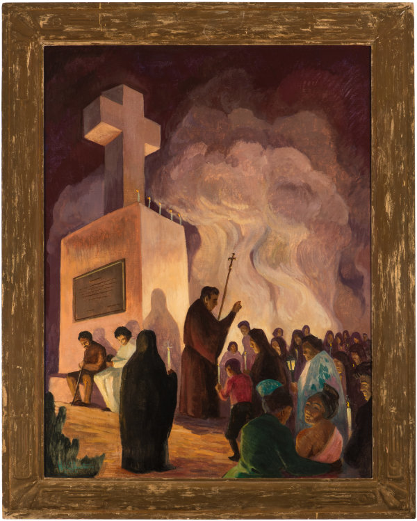 Will Shuster, Sermon at Cross of the Martyrs, 1934. Oil on canvas. 48 × 35 ¾ in. Collection of the New Mexico Museum of Art. Donated in memory of Helen H. Shuster by her family, 1972 (2964.23P). Photograph by Cameron Gay. 