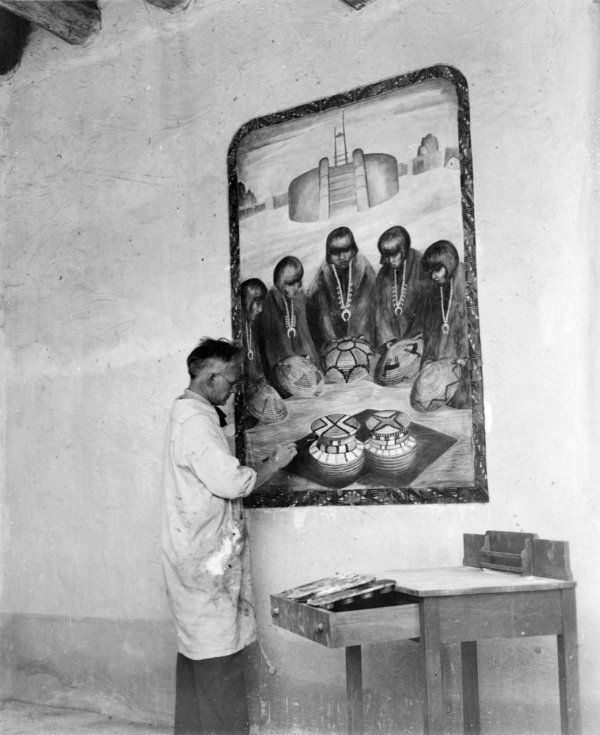 Will Shuster painting mural, patio, Fine Arts Museum, Museum of New Mexico, Santa Fe, New Mexico, ca. 1934. Photograph by R.H. Dawson. Courtesy Palace of the Governors Photo Archives (NMHM/DCA), neg. no. 030849.