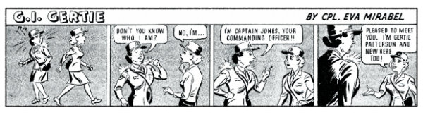 Eva Mirabal, G.I. Gertie cartoon strip, published in AIR WAC newspaper, February 1944. The strips spell her name incorrectly as “Mirabel.” Courtesy collection of Coming/Gomez.