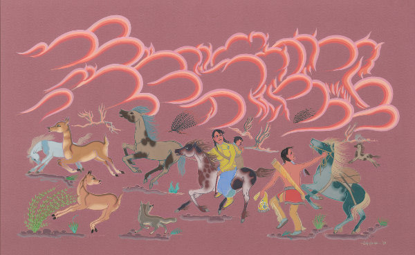 Eva Mirabal, Prairie Fire (detail), 1965. Casein on board, 26 × 38 in., unframed. Courtesy collection of Coming/Gomez.