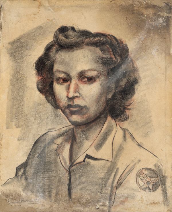 Stuyvesant Van Veen, portrait of Eva Mirabal. Charcoal on paper, 19 ¼ × 16 in., framed. Courtesy collection of Coming/Gomez. 