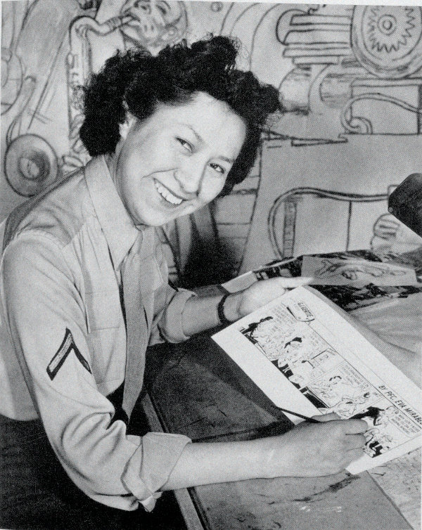 Eva Mirabal drawing her first G.I. Gertie cartoon, 1944. Photograph by AAF Air Service Command. This photo was published in the July 1944 issue of New Mexico Magazine in a full-page spread titled “G.I. Gertie.” The caption reads: “Pfc. Eva Mirabal’s first assignment was to draw a comic strip for WAC publications.” Courtesy collection of Coming/Gomez.