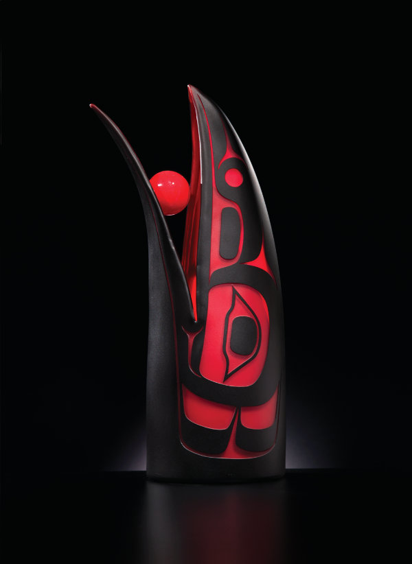 Preston Singletary (Tlingit), Raven Steals the Sun, 2017. Blown and sand-carved glass. 9 × 20 ¼ × 7 in. Photograph by Russell Johnson. Courtesy Preston Singletary Studio.