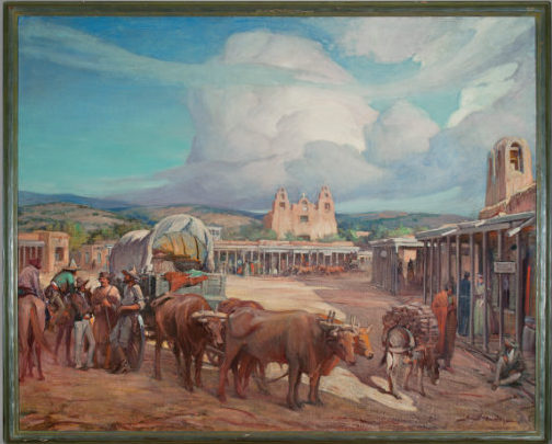 Gerald Cassidy, View of Santa Fe Plaza in the 1850s (End of the Trail), ca. 1930. Oil on canvas, 47 ¾ × 60 ¼ in. Collection of the New Mexico Museum of Art. Gift of the New Mexico Historical Society, 1977 (350.23P). Photograph by Blair Clark.