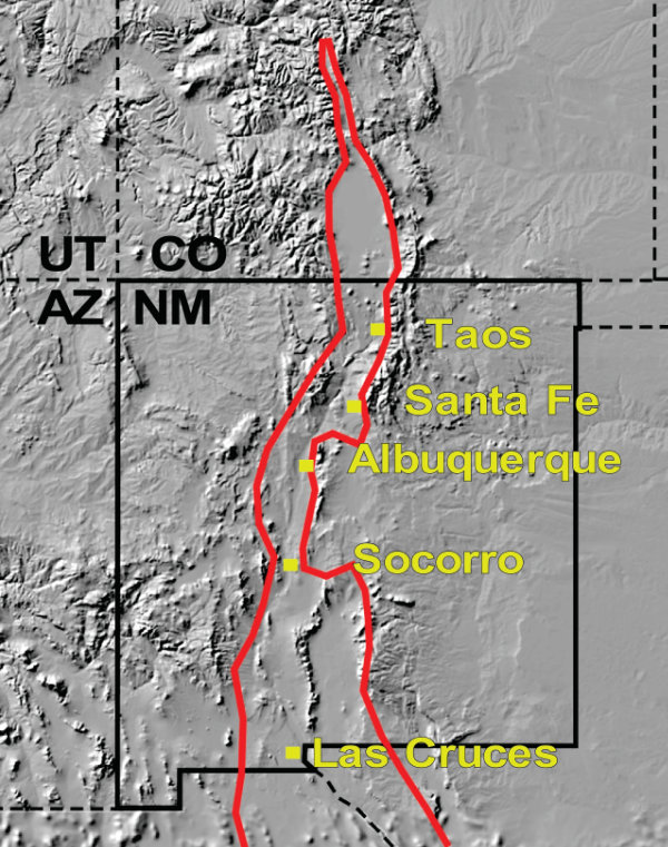 Figure 1: Red lines show the general margins of the Rio Grande rift. The rift began to form about twenty to twenty-five million years ago and is still forming today. Courtesy Larry Crumpler, New Mexico Museum of Natural History and Science.