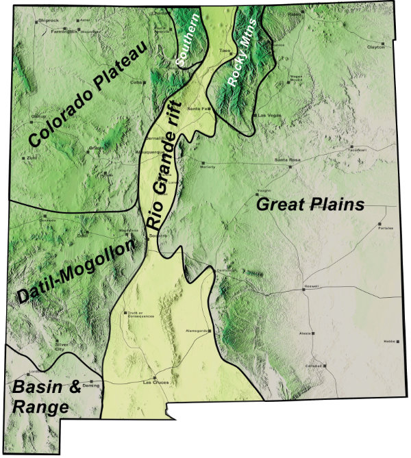 Figure 2: A geologic province is a region of the Earth’s crust in which the general type and age of rocks and their geologic history is similar. Each province creates a generally similar landscape. The names of the provinces are shown. Many of them extend into our neighboring states but they all intersect within New Mexico. Courtesy Larry Crumpler, New Mexico Museum of Natural History and Science.