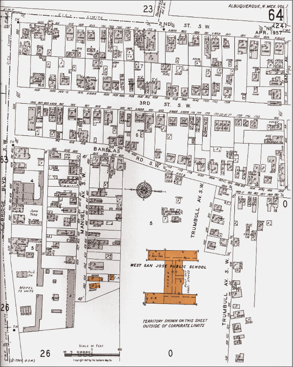 The Martinez homes, now an indelible part of the NHCC’s architectural look, are representative of mid-twentieth century architecture and growth of the Barelas neighborhood. Highlighted on this April 1957 Sanborn Fire Insurance map are the homes that are still present on campus (circled at lower middle left), as well as the West San José Public School (lower middle right), now NHCC’s History and Literary Arts Building. Image courtesy the National Hispanic Cultural Center.
