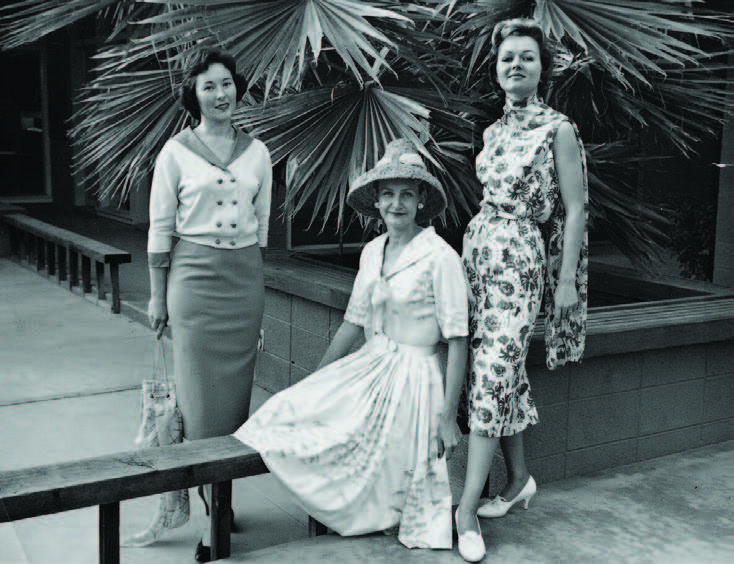 Models showcasing 1950s fashions, including a Kiva dress, hat, and handbag, ca. 1955. Photographs courtesy of Institute of American Indian Arts Archives
