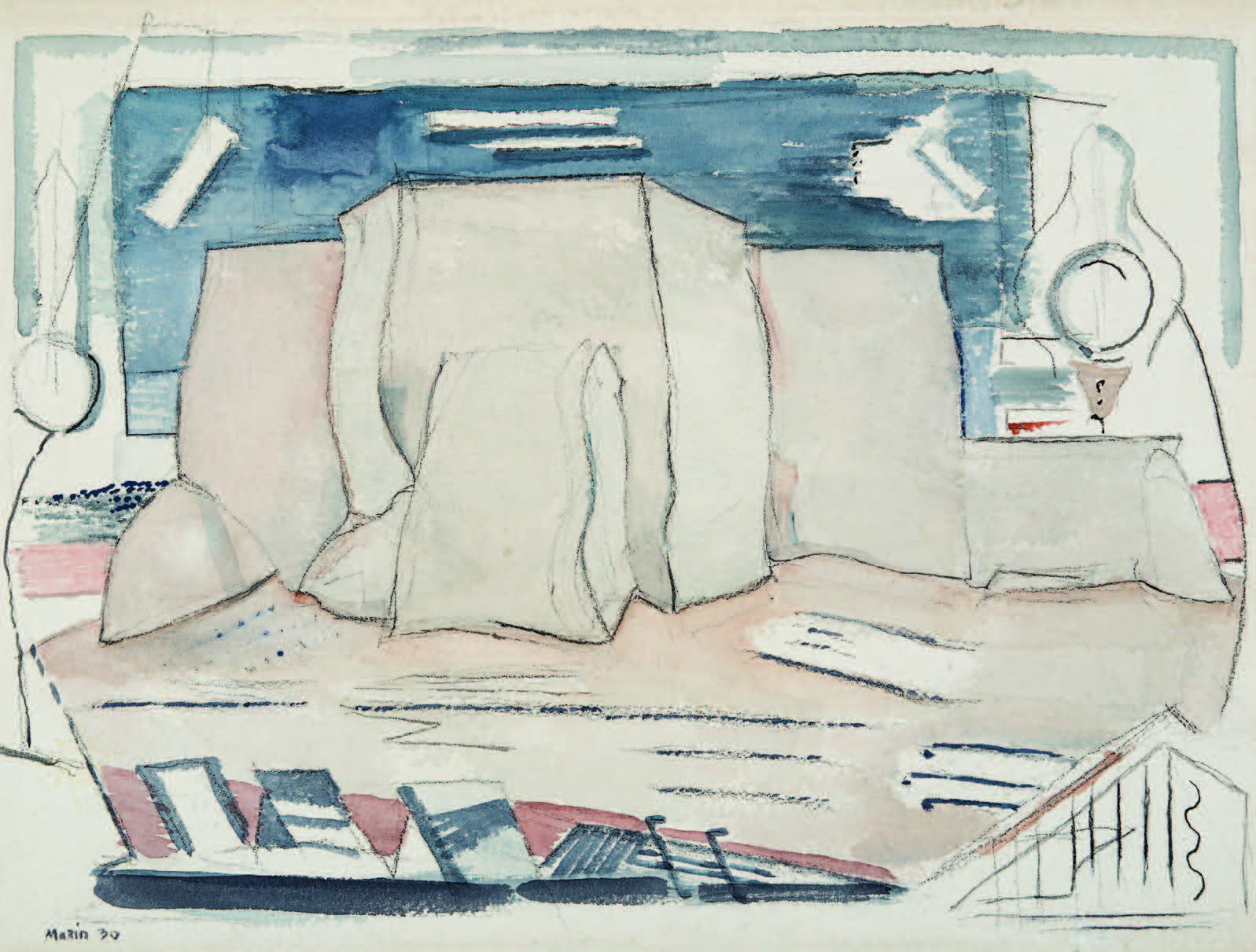 John Marin, Back of Ranchos Church, 1930. Watercolor on paper, 15 × 20 ½ in. Collection of the New Mexico Museum of Art. Bequest of Helen Miller Jones, 1986 (1986.137.14).