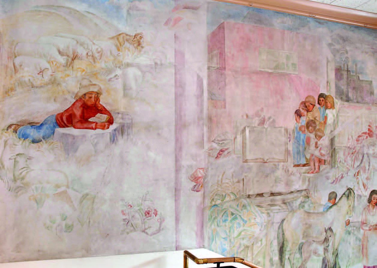 Olive Rush mural on the north wall of the stairs between the Fray Angélico Chávez History Library and the Palace of the Governors Photo Archives. Photographs by Blair Clark.