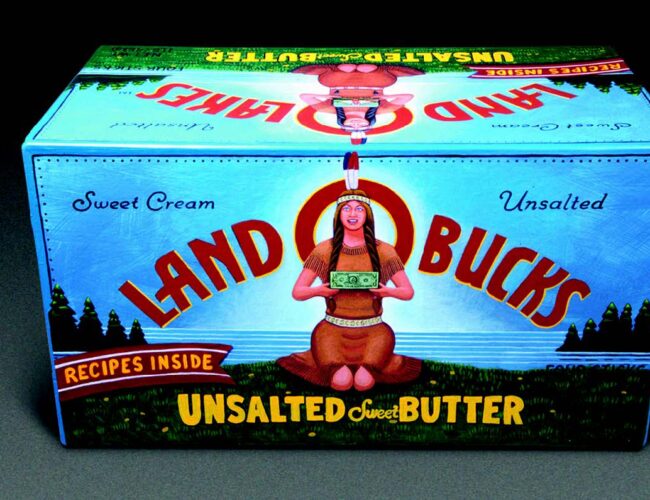 David P. Bradley, Minnesota Chippewa, Land O Bucks, Land O Fakes, Land O Lakes, 2006. Paper, wood, acrylic paint, 16 × 24 × 16 in. Courtesy of the artist.