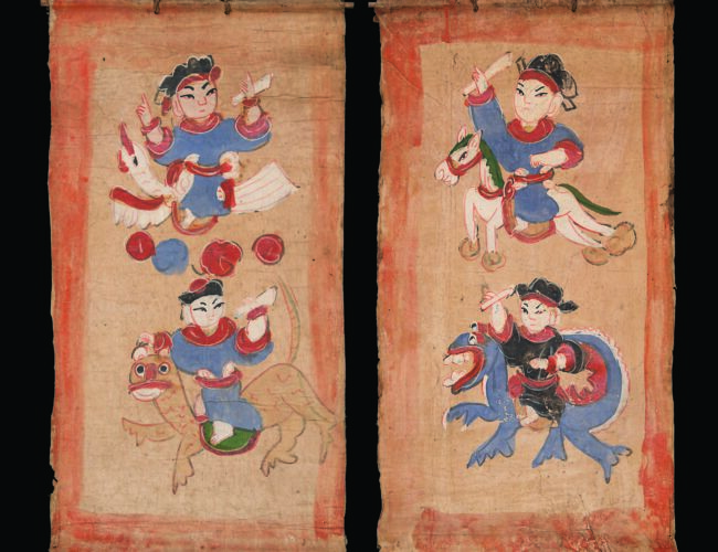 The essential three deity paintings:The High Constable; Minor Hoi Fan (God of the Sea); Heavenly Host (Ancestors), Yao culture, 1879, southern China. Mulberry paper, natural pigments, approximately 44 ½ × 18 inches each. Gift of Mark Rapoport, MD, and Jane C. Hughes. Museum of International Folk Art (A.2015.67.1, A.2015.71.2, A.2015.71.1). Photographs by Blair Clark.