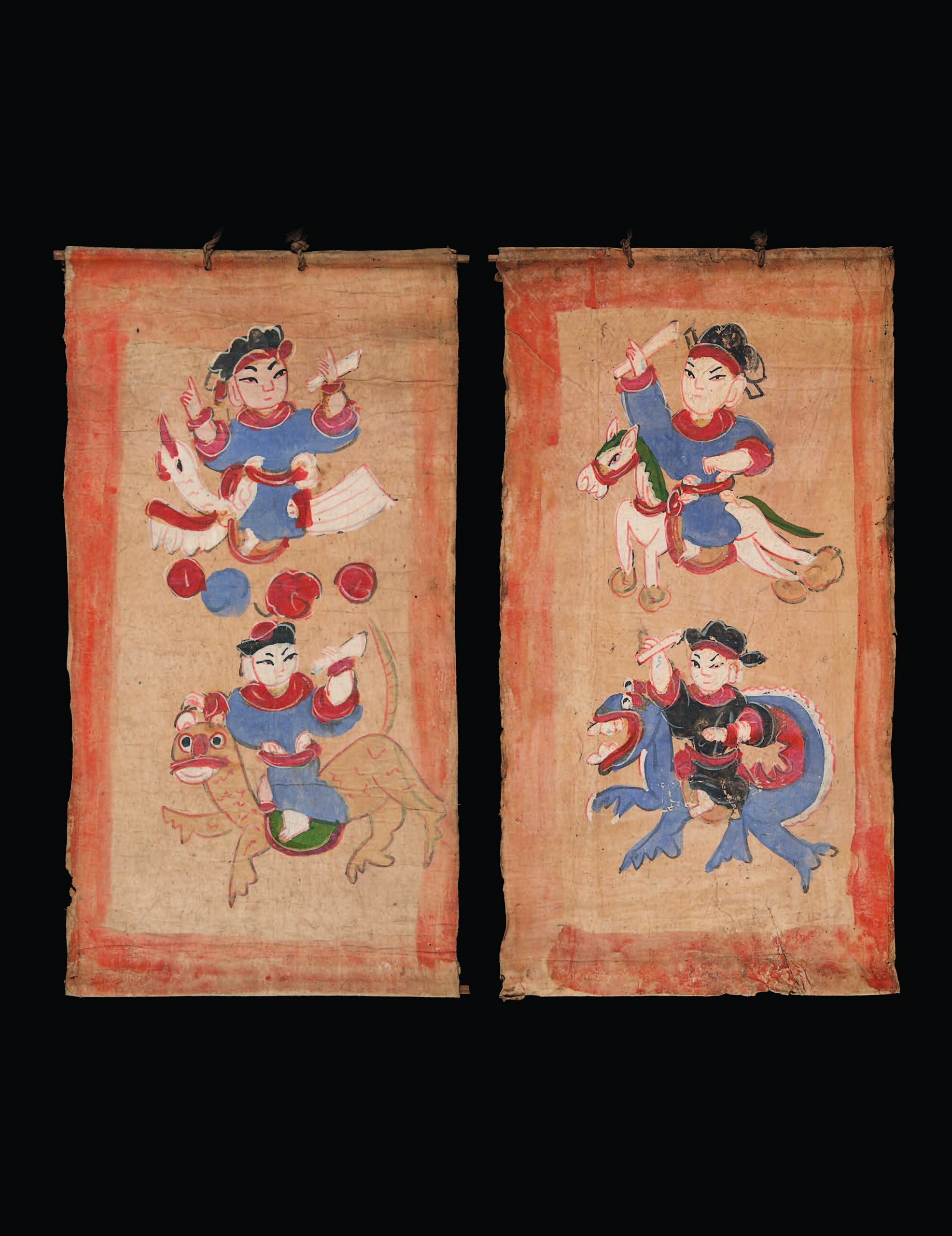 The essential three deity paintings:The High Constable; Minor Hoi Fan (God of the Sea); Heavenly Host (Ancestors), Yao culture, 1879, southern China. Mulberry paper, natural pigments, approximately 44 ½ × 18 inches each. Gift of Mark Rapoport, MD, and Jane C. Hughes. Museum of International Folk Art (A.2015.67.1, A.2015.71.2, A.2015.71.1). Photographs by Blair Clark.