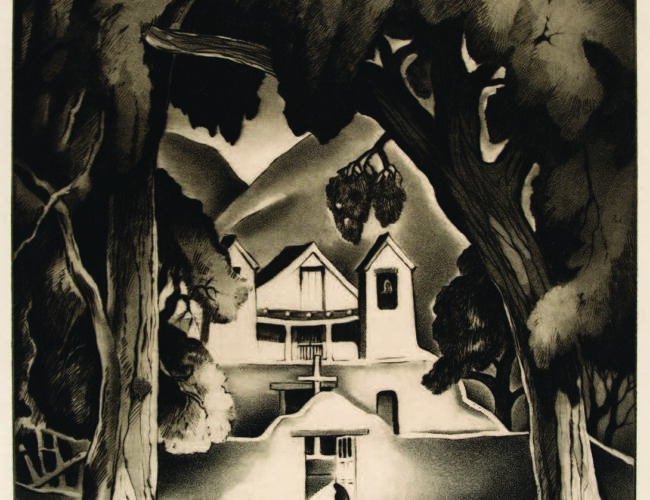 Gene Kloss, The Sanctuary, Chimayo, 1934. Aquatint and drypoint, 13 15⁄16 × 11 in. On long-term loan to the New Mexico Museum of Art from the Fine Arts Program, Public Buildings Service, US General Services Administration (2945.23G).