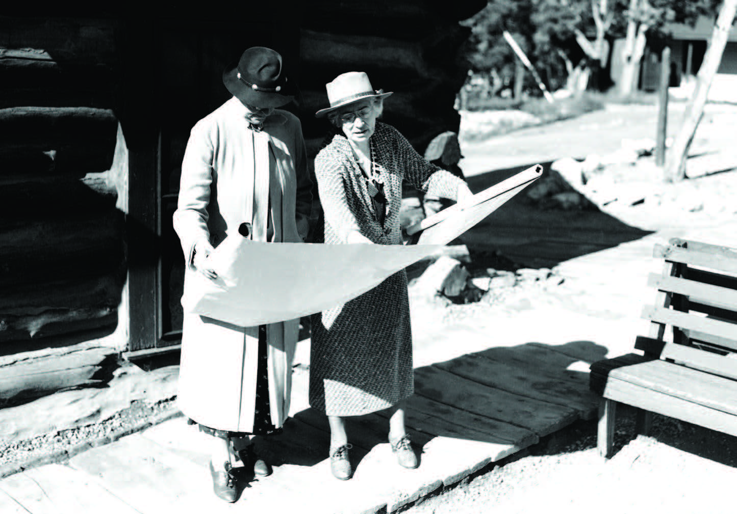 Mary Colter (right) shows a blueprint to the wife of Interior Secretary Harold Ickes at Grand Canyon National Park, ca. 1935. Courtesy National Park Service (16940).
