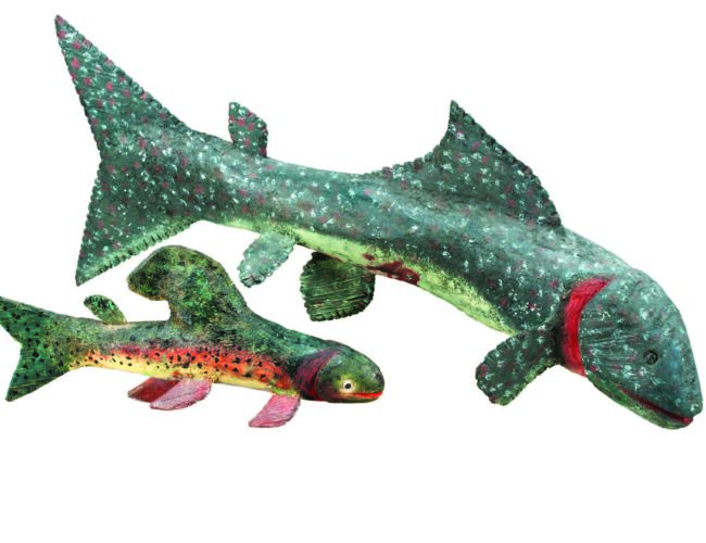 Felipe Archuleta, Rainbow Trout, 1982, wood, paint. Gift of Gil Hitchcock, MOIFA A.1995.70.1. Felipe Archuleta, Trout, 1976, wood, paint. Purchased with funds from the National Endowment for the Arts, MOIFA A.1976.50.1.