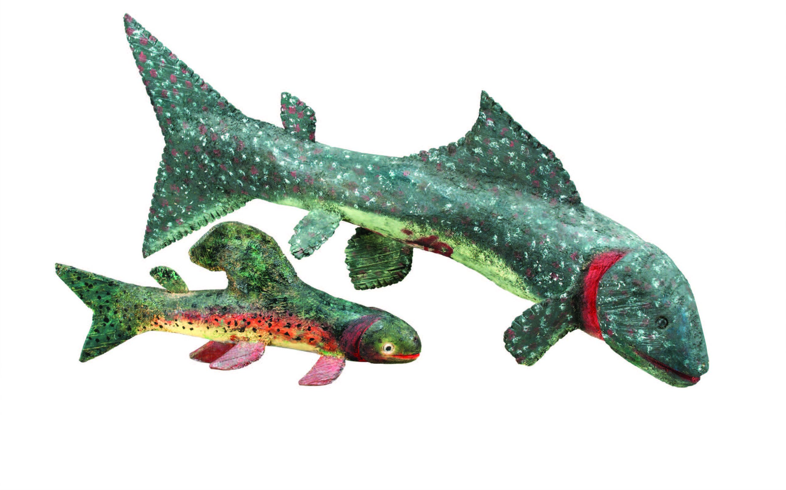 Felipe Archuleta, Rainbow Trout, 1982, wood, paint. Gift of Gil Hitchcock, MOIFA A.1995.70.1. Felipe Archuleta, Trout, 1976, wood, paint. Purchased with funds from the National Endowment for the Arts, MOIFA A.1976.50.1.