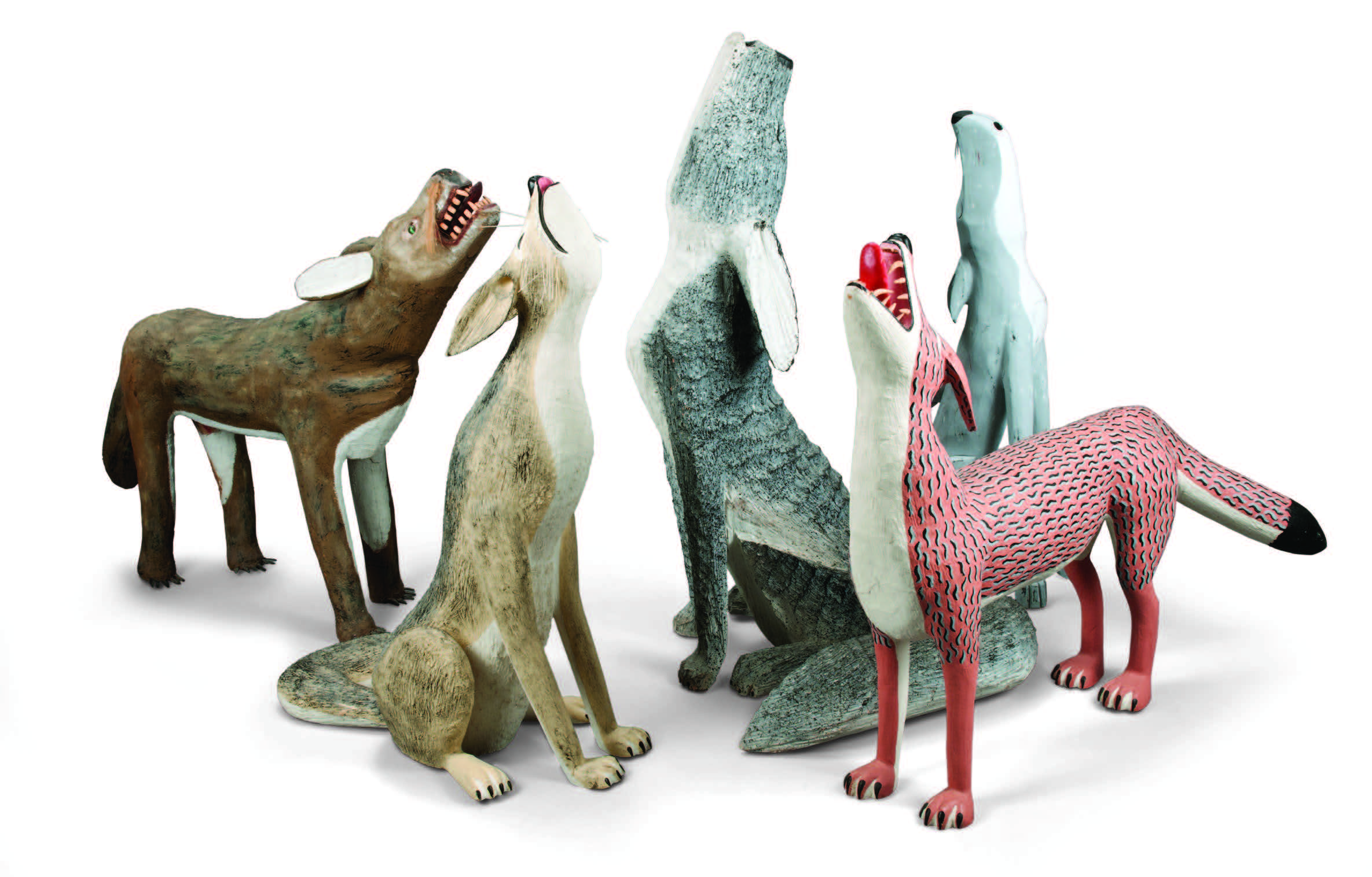 Felipe Archuleta, Coyote, 1984, wood, marbles, paint. Gift of Karen and Walter Forbes, MOIFA A.1997.52.2. Leroy Ortega, Sitting Coyote, 1984, wood, fiber, paint. Gift of Ann Pollock, MOIFA, IFAF Collection 2012.92.02. Alonzo Jiménez, Coyote, 1987, wood, paint. Courtesy of Davis and Christine Mather. Leroy Ortega, Coyote, 1984, wood, paint. Gift of Ann Pollock, MOIFA, IFAF Collection 2013.17.2. Rory Alvarez, Coyote, 1986, wood fiber, paint. MOIFA, IFAF Collection FA.2010.89.1. Photograph by Blair Clark.