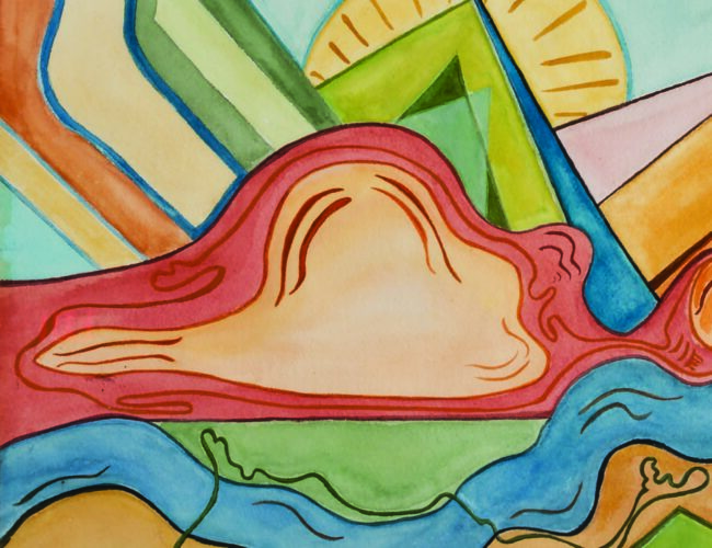 Dorothy Morang, Sunrise, 1940. On exhibit in Colors of the Southwest at the New Mexico Museum of Art. Watercolor on paper, 15 ½ ¼ × 19 ¼ in. Collection of the New Mexico Museum of Art. Gift of John Wright Schaefer, 2009 (2009.48). Photograph by Blair Clark.