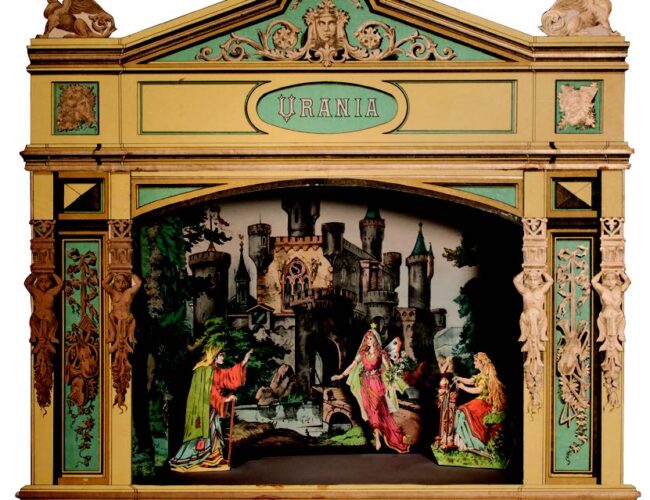 Urania Proscenium No. 11, circa 1900. Scene shown: Johann Nestroy’s Lumpazivagabundus. Joseph Scholz (publisher), Mainz, Germany. Museum of International Folk Art, Gift of the Girard Foundation. Collection. Photograph by Blair Clark.