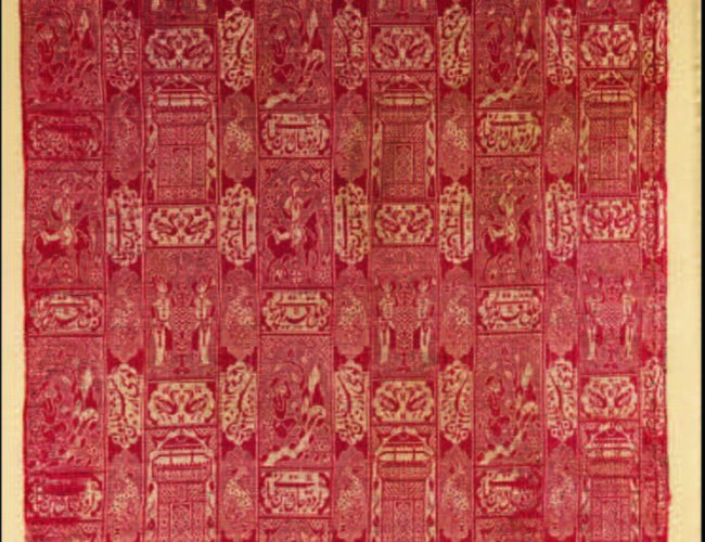 Textile panel depicting scenes from the Khamsa of Nizami, Iran, sixteenth to seventeenth century. Silk, metal-wrapped thread; double-weave, 25 × 14 3/8 in. Metropolitan Museum of Art, Fletcher Fund, 1946 (46.156.7). © The Metropolitan Museum of Art. Image source: Art Resource, New York.