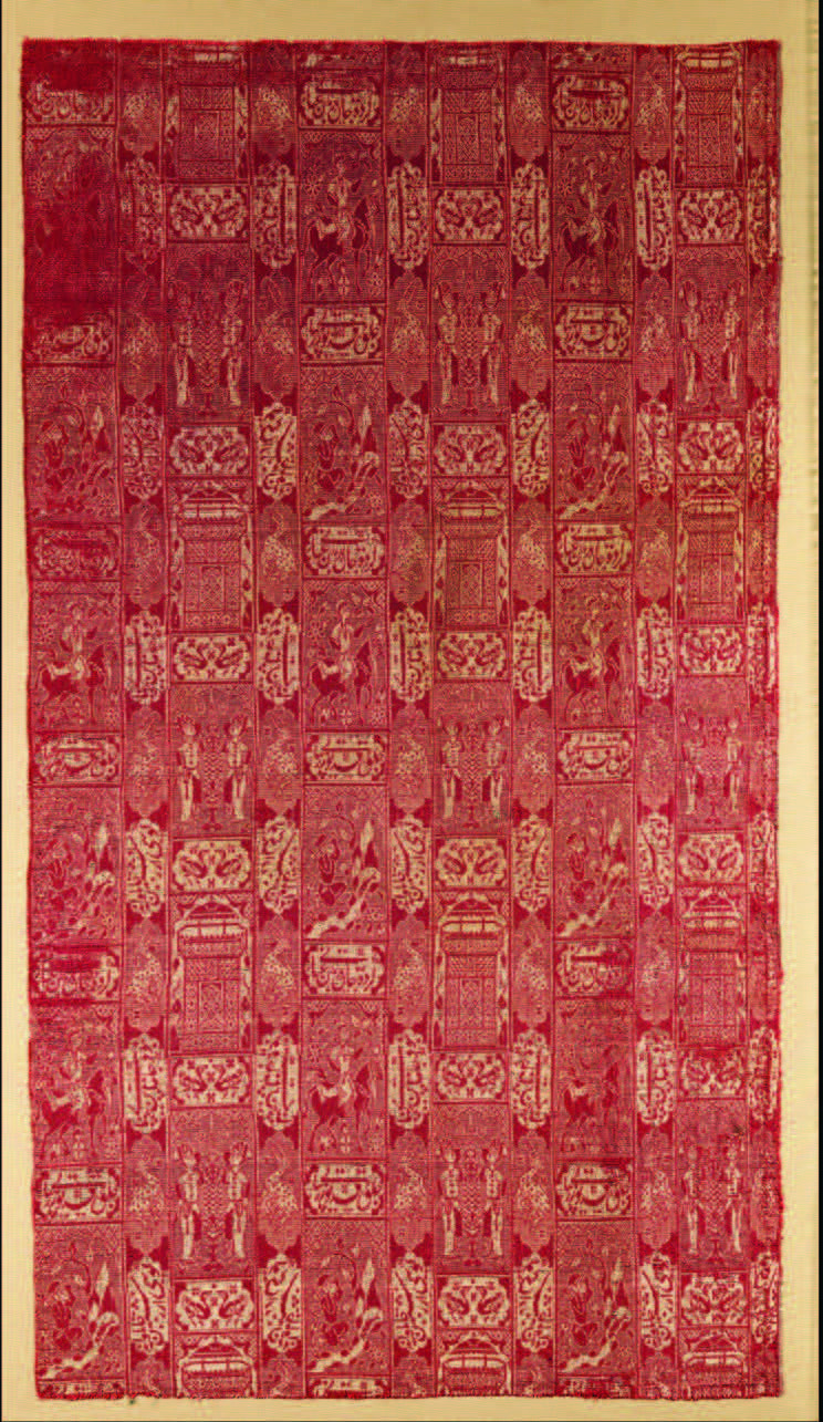 Textile panel depicting scenes from the Khamsa of Nizami, Iran, sixteenth to seventeenth century. Silk, metal-wrapped thread; double-weave, 25 × 14 3/8 in. Metropolitan Museum of Art, Fletcher Fund, 1946 (46.156.7). © The Metropolitan Museum of Art. Image source: Art Resource, New York.