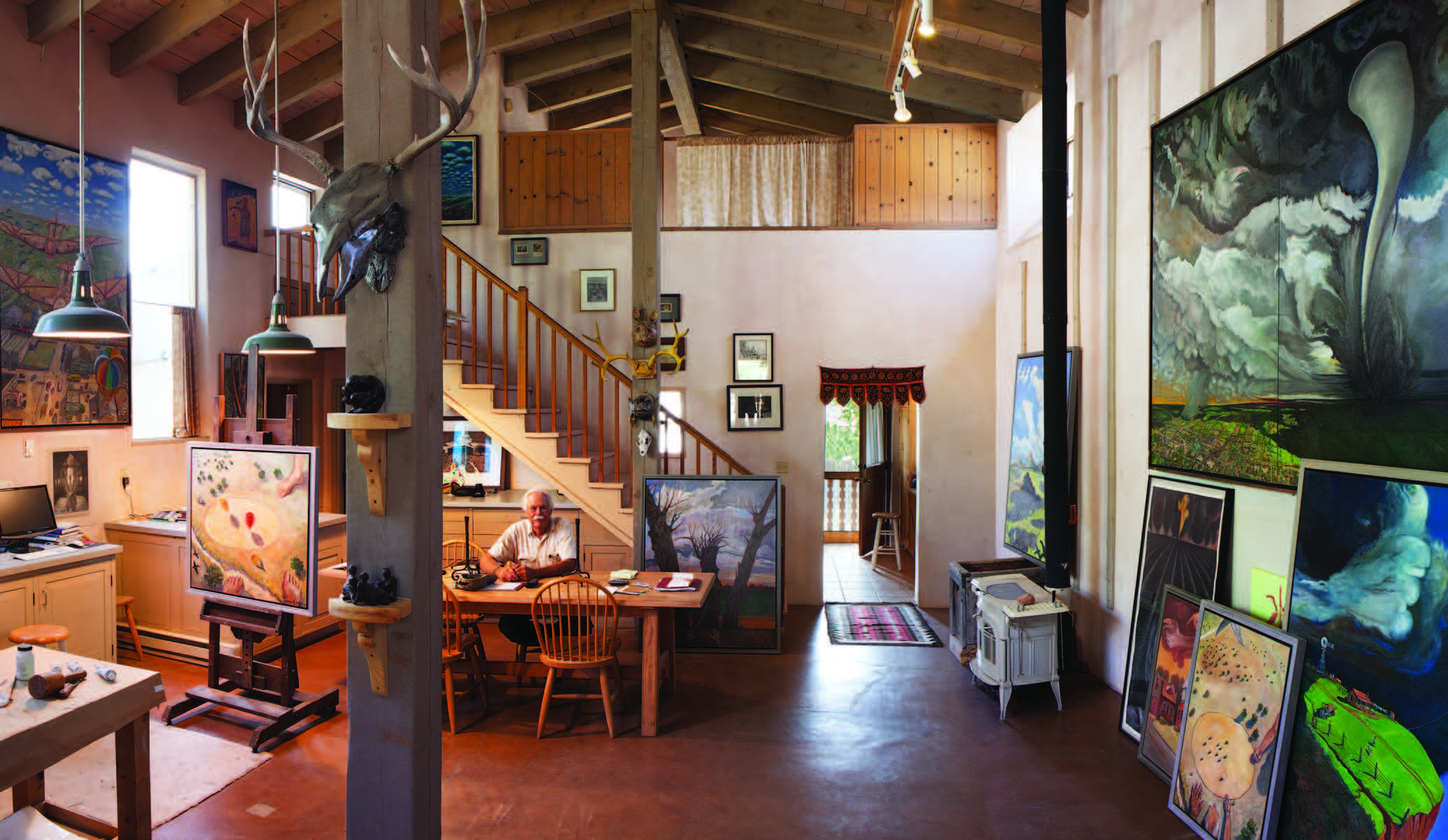 JJerry West in his studio, south of Santa Fe off Highway 14. West built the studio on his piece of the old family land that his father bought in 1943. Photograph by Meridel Rubenstein.