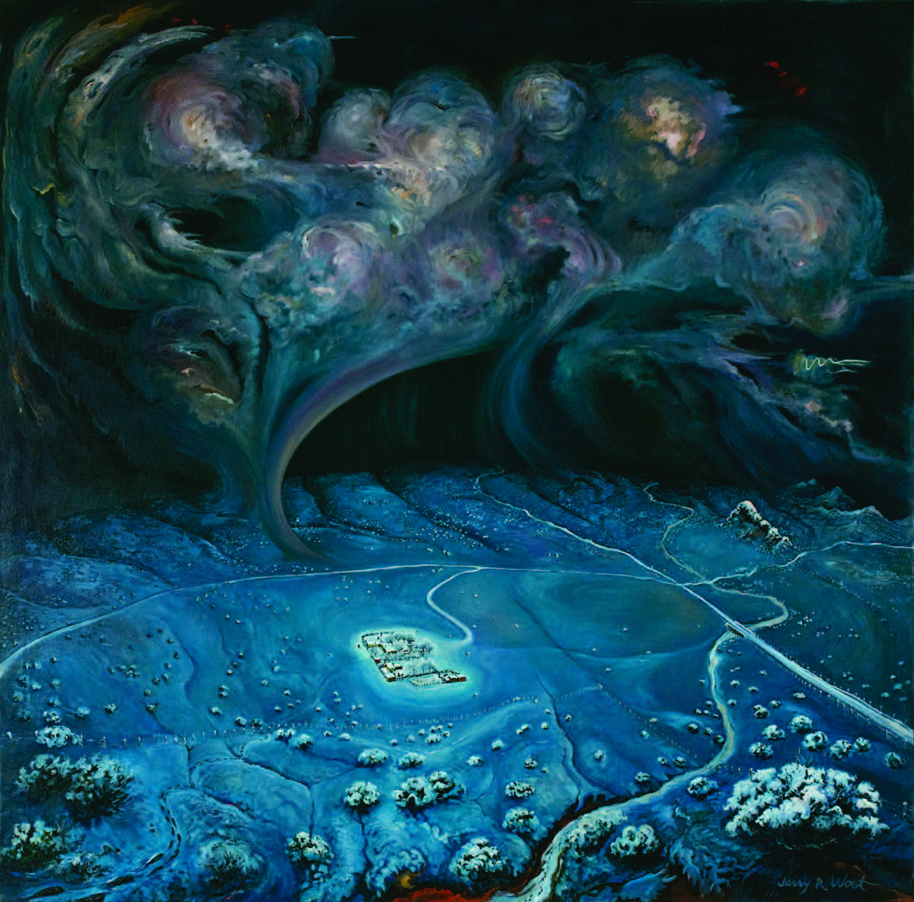 Jerry West, Prairie Winter with Approaching Cosmic Storm, 1989. Oil on canvas, 71 × 75 in. Collection of the New Mexico Museum of Art. Gift of Ray Graham, 1991 (1991.54.1).