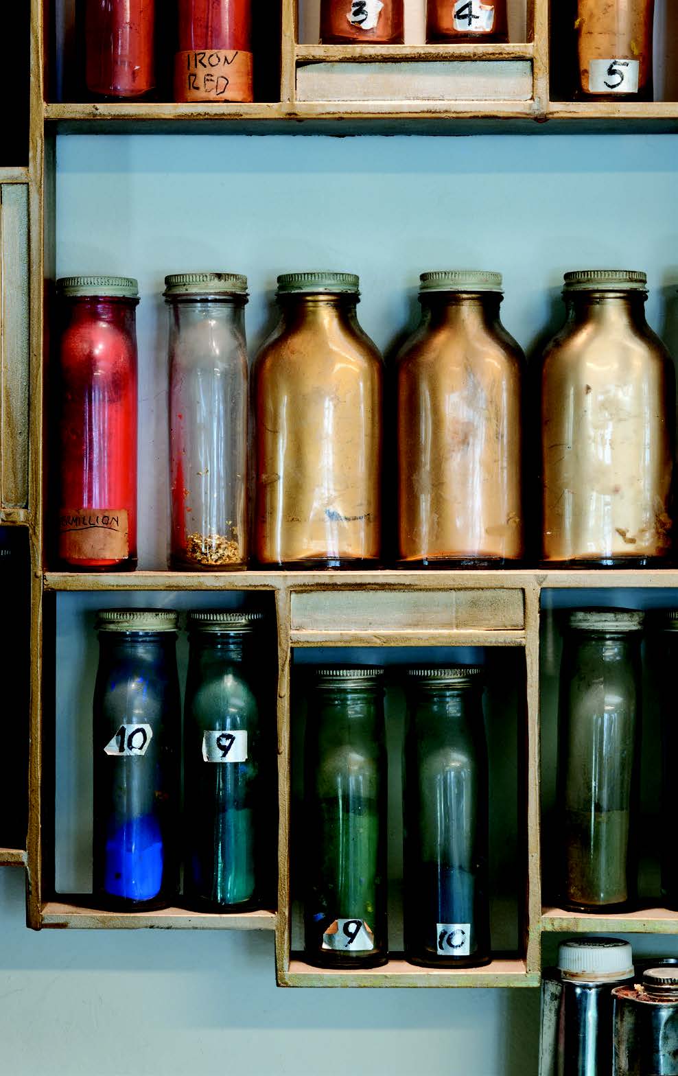 Some of Baumann’s colorful pigments, neatly stored in pharmaceutical bottles. All objects Collection of the Press at the Palace of the Governors, New Mexico History Museum. Photographs by Blair Clark.