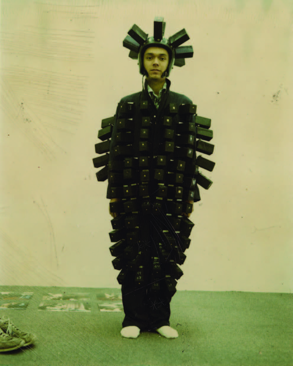 Ben Conrad, Front view of Ben Conrad wearing pinhole suit and helmet with 130 cameras, 1994. Palace of the Governors Photo Archives, Pinhole Resource Collection HP.2012.15.1398.