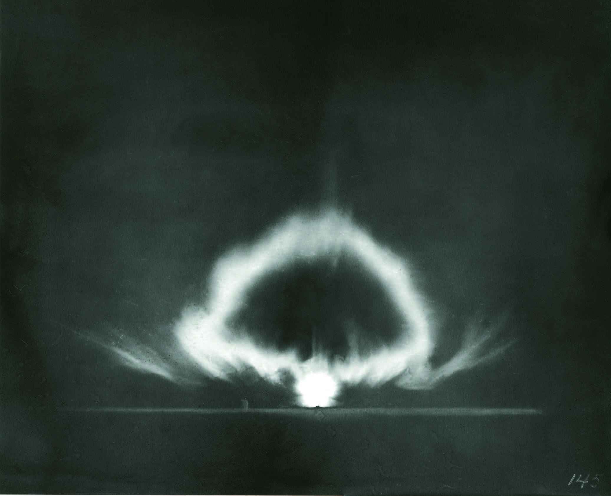 Julian Mack, Trinity Site Atomic Bomb Test, July 16, 1945. Pinhole photograph. Courtesy Los Alamos National Laboratories and the Palace of the Governors Photo Archives (NMHM/DCA), Pinhole Resource Collection, Neg. No. HP.2012.15.775.