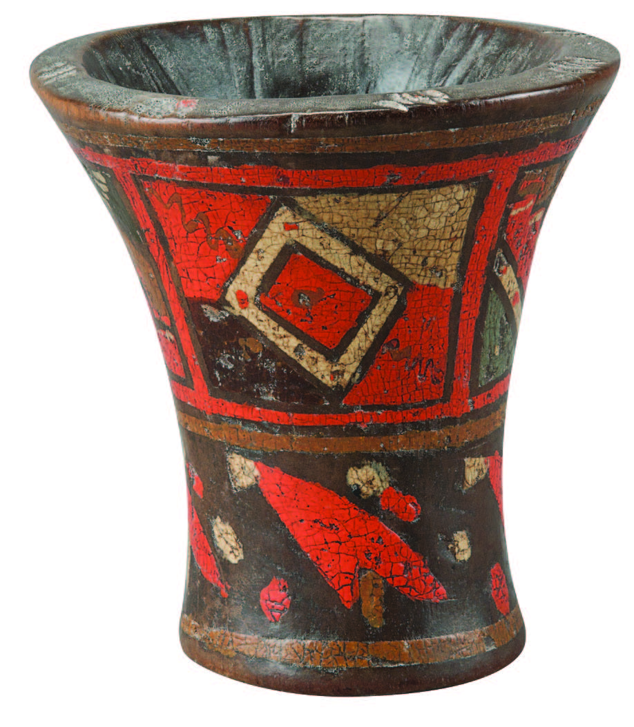 Kero. Peru, seventeenth–eighteenth century. Wood, plant resin, pigments (including cochineal), 3 × 3. in. Private collection. On exhibit in The Red That Colored the World. Photograph by Blair Clark.