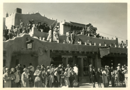 Crowds at La Fonda hotel during fiesta, Santa Fe, New Mexico, ca. 1941-1944.