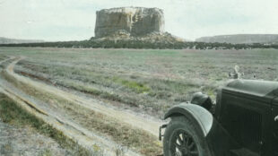 Automobile on road to Enchanted Mesa near Acoma Pueblo, New Mexico, 1926. Photograph by Frank Shoemaker. Courtesy Palace of the Governors Photo Archives (NMHM/DCA), neg. no. LS.2094.