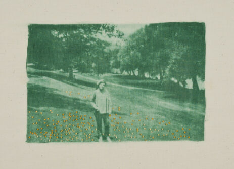 Betty Hahn, Untitled (Barbara, Genesee Park), 1971. Gum bichromate print on fabric with thread. 8 ¾ x 13 3/ 8 in. Collection of the New Mexico Museum of Art. Gift of Charles McClelland, 1991 (1991.69.1). © Betty Hahn. Photograph by Blair Clark.