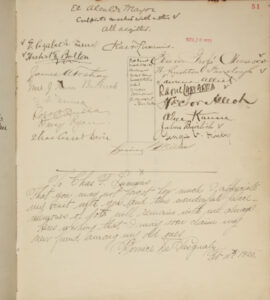 The Lummis Housebook for the evening of November 30, 1913, illustrates the “seating chart” for El Alcalde Mayor. Courtesy Autry Museum of the American West.