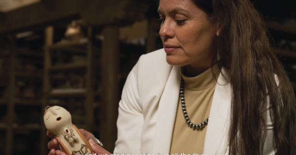 Kathleen Wall (Jemez) discusses her choice of pottery in the video portion of the Grounded in Clay exhibition, directed by Adam Shaening-Pokrasso.