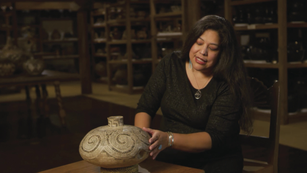 Tara Gatewood (Isleta) discusses her choice of pottery in the video portion of the Grounded in Clay exhibition, directed by Adam Shaening-Pokrasso.