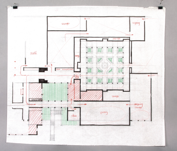 Alexander Girard, preliminary drawing of proposed addition and alterations to the Museum of International Folk Art, first floor overlay, 1974. MOIFA Facilities collection (AR.00013.2), Bartlett Library and Archives, Museum of International Folk Art.  
