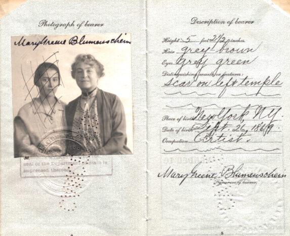 Mary’s daughter Helen was still considered a minor in 1928, and therefore did not need a passport of her own. The cross-hatching through Helen’s image on page four reflect changes to Mary’s passport as a result of Helen turning 19. Courtesy Blumenschein Family Collection, Fray Angélico Chávez History Library, New Mexico History Museum.