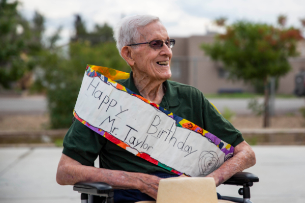 J. Paul Taylor smiles during his 102nd birthday celebration Wednesday, Aug. 25, 2022, at J. Paul Taylor Academy. Photograph by Meg Potter, courtesy the Las Cruces Sun-News.