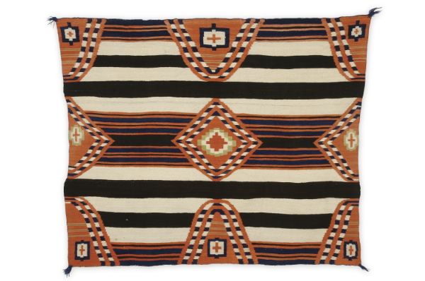 Artist once known (Diné), chief blanket, 1875–1880. Handspun wool, indigo dye, vegetal dye. 594⁄5 × 701⁄5 inches. Gift of Mrs. Philip B. Stewart. MIAC Collection: 9096/12.