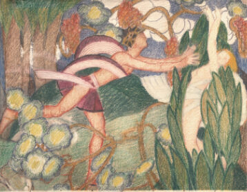 In 1931, Mary finished a large project titled Daphne and Apollo, measuring approximately six feet wide by four feet tall. The painting was cut at some point, and the right side of it, featuring Daphne, is now framed and hung at Taos’s E.L. Blumenschein House and Museum. This image, found during a December 2022 visit to the FACHL archive, is a color sketch of the finished painting, and is the first published that shows the entire picture.