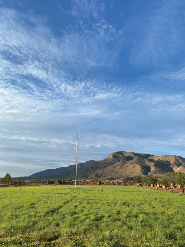 The parade grounds, pictured here in lush monsoon green, ringed by adobe ruins,
are a focal point of a visit to Fort Selden.