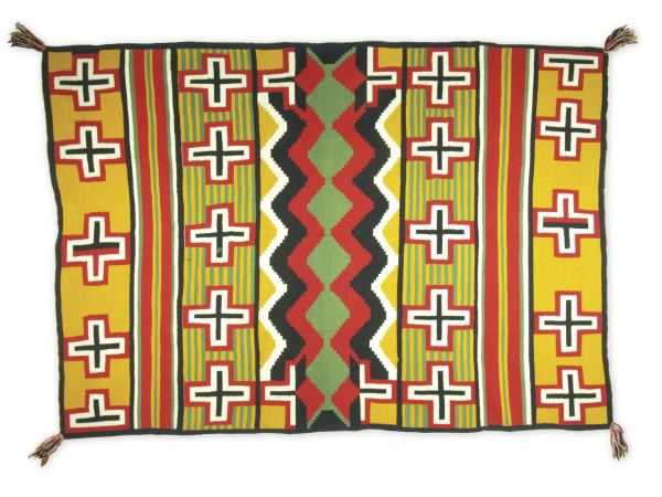 Artist once known (Diné), blanket, 1875–1885. Germantown wool yarn, aniline dye. 833⁄5 × 601⁄5 inches. Gift of Mr. and Mrs. Ted Otero. MIAC Collection: 36299/12.
