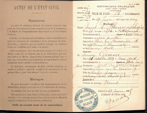 Mary and Ernest’s marriage certificate from June 29, 1905. Courtesy
Blumenschein Family Collection, Fray Angélico Chávez History Library, New
Mexico History Museum.