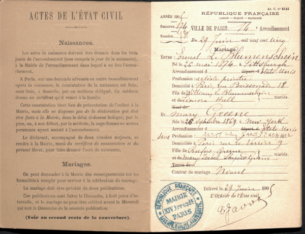 Mary and Ernest’s marriage certificate from June 29, 1905. Courtesy Blumenschein Family Collection, Fray Angélico Chávez History Library, New Mexico History Museum.